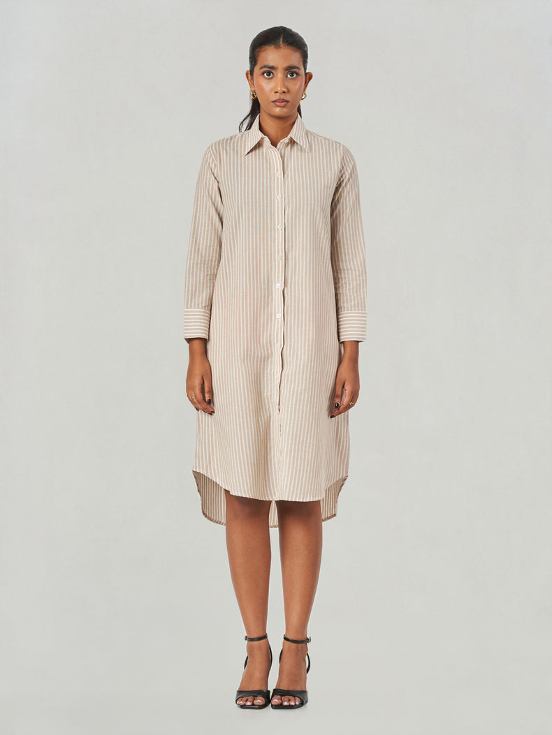 Brown Striped Relaxed Fit Midi Shirt Dress