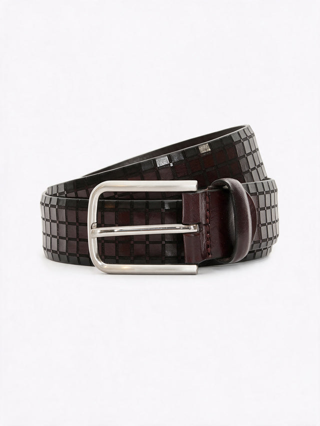 Checkered Grid Embossed Full Grain Leather Belt