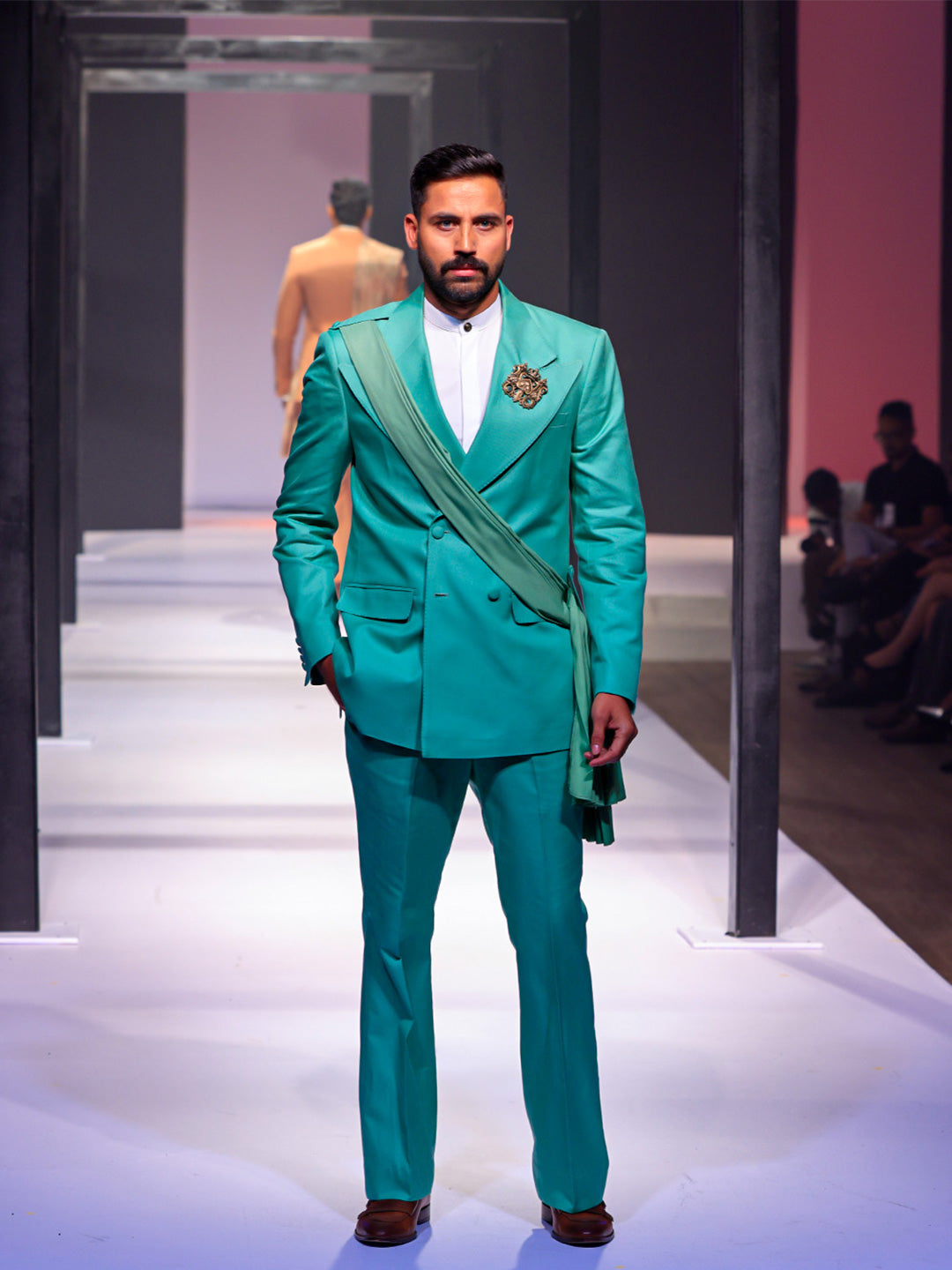 Mint Green Tailored Fit Suit With Shawl