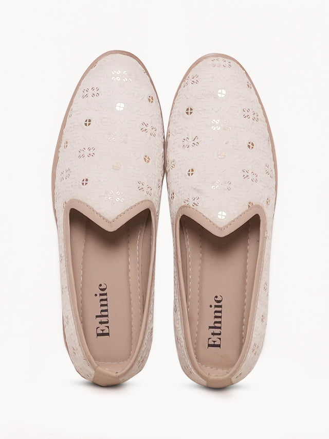 Cream Embroidered Ethnic Slip-On Shoes