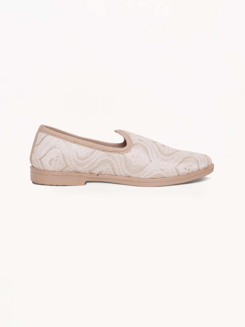 Cream Ornamental Embroidered Ethnic Slip-On Shoes