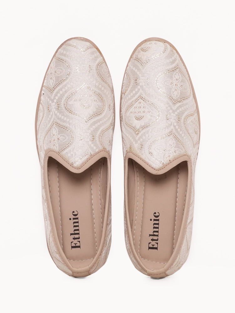 Cream Ornamental Embroidered Ethnic Slip-On Shoes