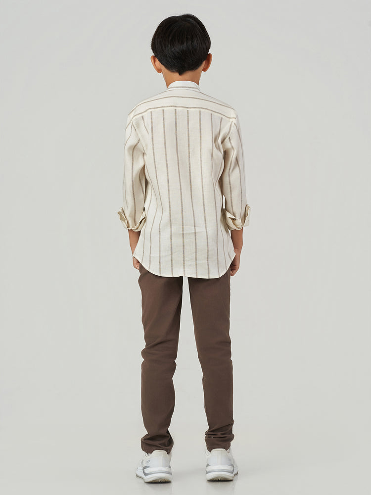 Cream Striped Cotton Linen Long Sleeve Shirt