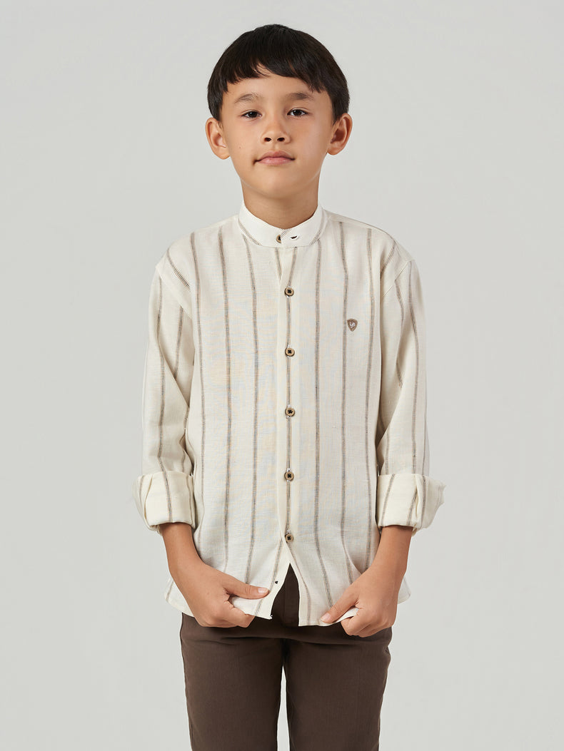 Cream Striped Cotton Linen Long Sleeve Shirt
