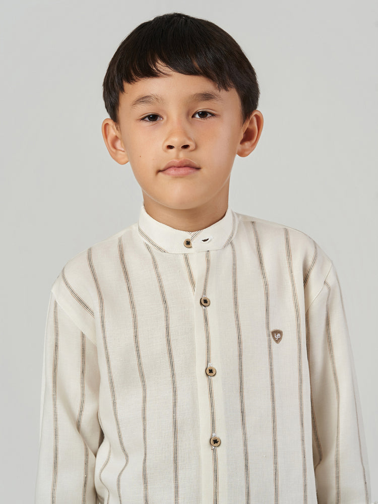 Cream Striped Cotton Linen Long Sleeve Shirt