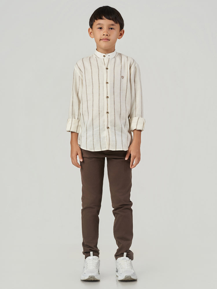 Cream Striped Cotton Linen Long Sleeve Shirt