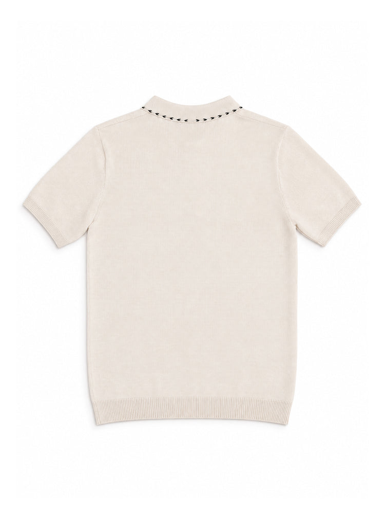 Cream Textured Knit Zip Polo Shirt