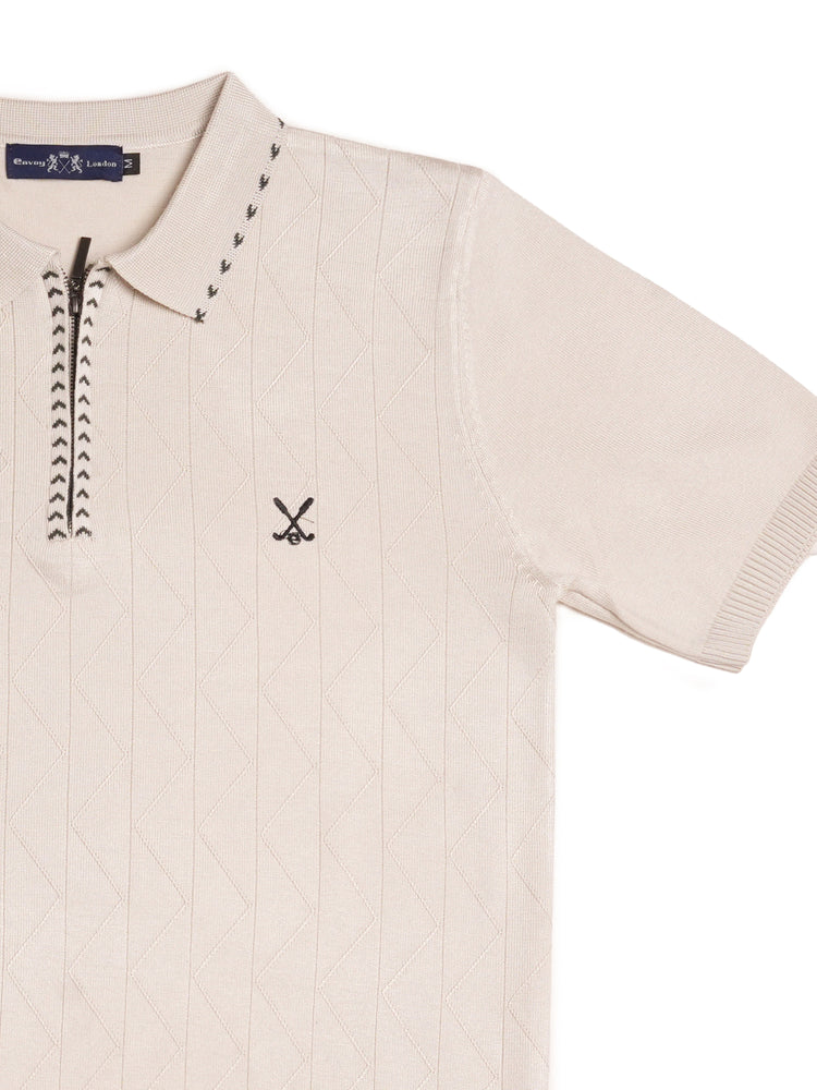 Cream Textured Knit Zip Polo Shirt