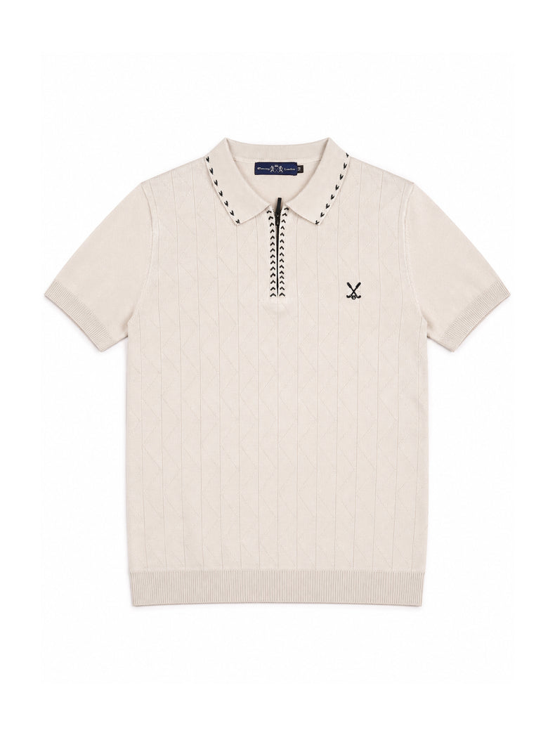 Cream Textured Knit Zip Polo Shirt