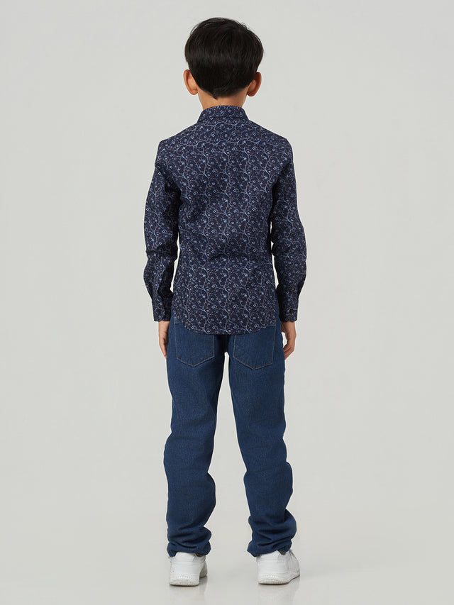Dark Blue Floral Printed Cotton Long Sleeve Shirt