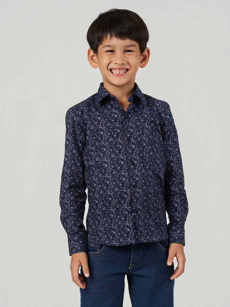 Dark Blue Floral Printed Cotton Long Sleeve Shirt