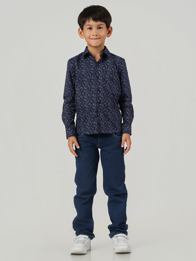 Dark Blue Floral Printed Cotton Long Sleeve Shirt