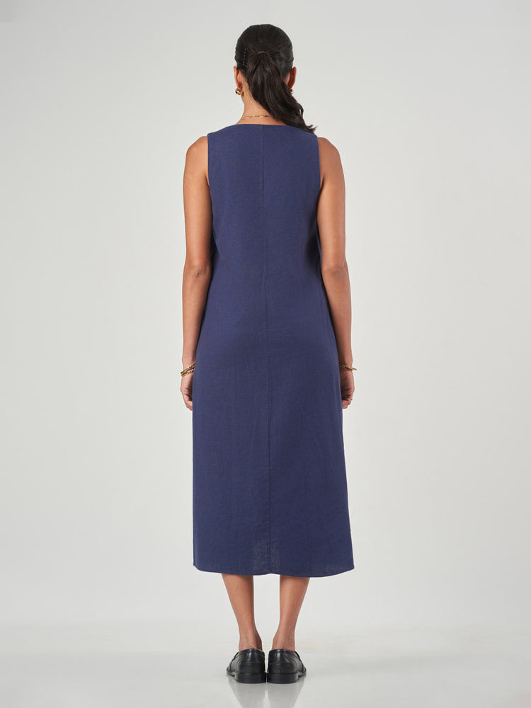 Dark Blue Linen Blend V-Neck Midi Dress
