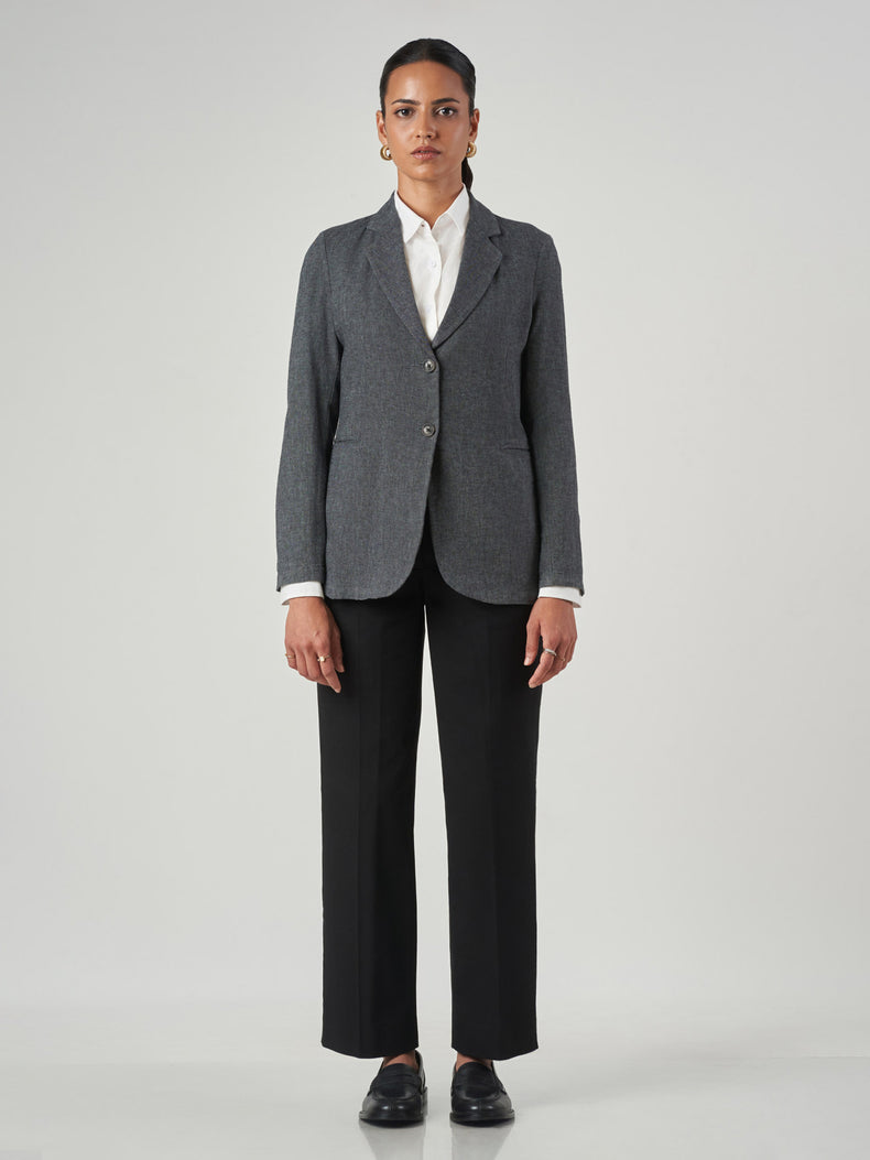 Dark Blue Linen-Cotton Notch Lapel Jacket