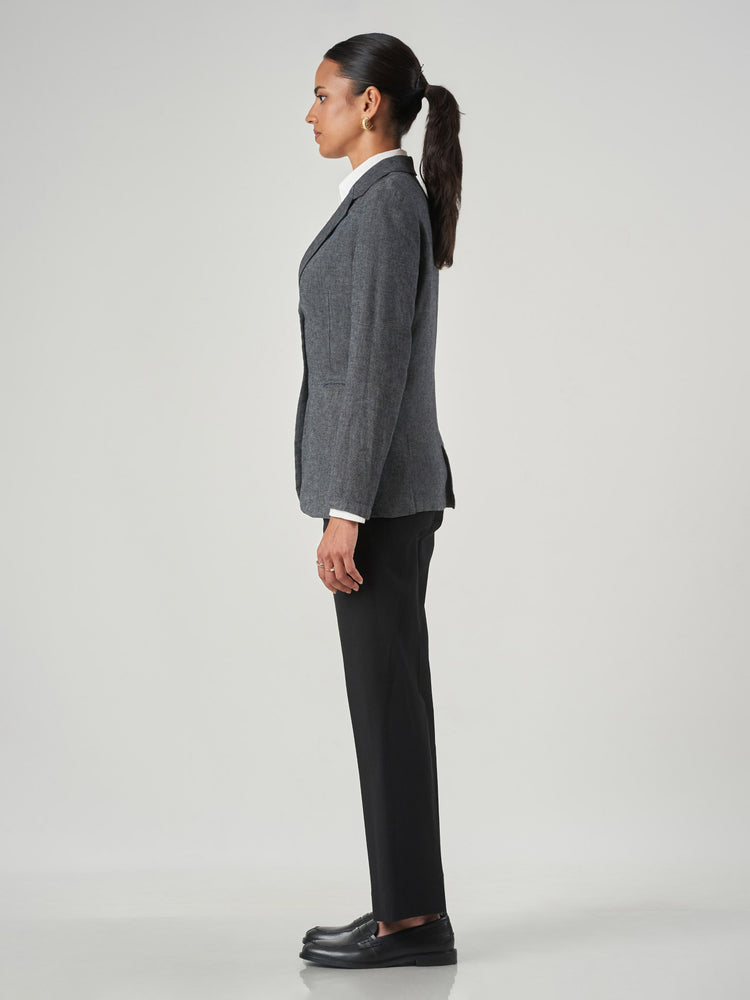 Dark Blue Linen-Cotton Notch Lapel Jacket