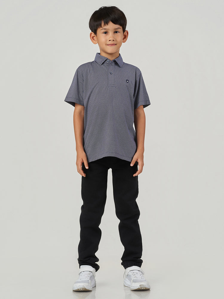 Dark Blue Micro Printed Cotton Polo T-Shirt