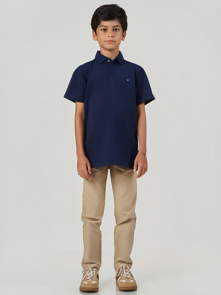 Dark Blue Solid Cotton Short Sleeve Polo T-Shirt