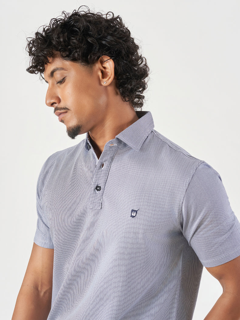 Dark Blue Striped Cotton Polo T-Shirt
