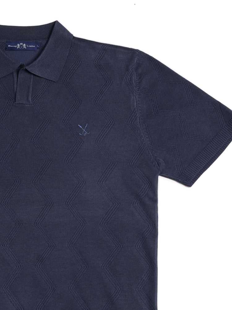 Dark Blue Textured Geometric Knit Regular Fit Polo Shirt
