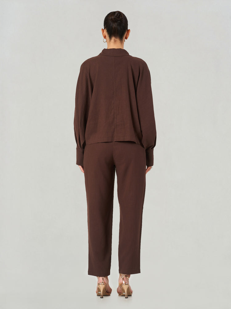 Dark Brown Crossover Shirt Trouser Set
