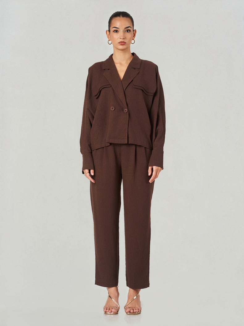 Dark Brown Crossover Shirt Trouser Set