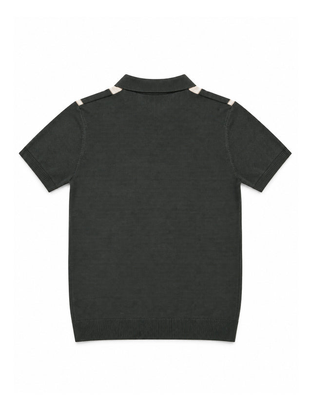 Dark Green Striped Geometric Knit Polo Shirt