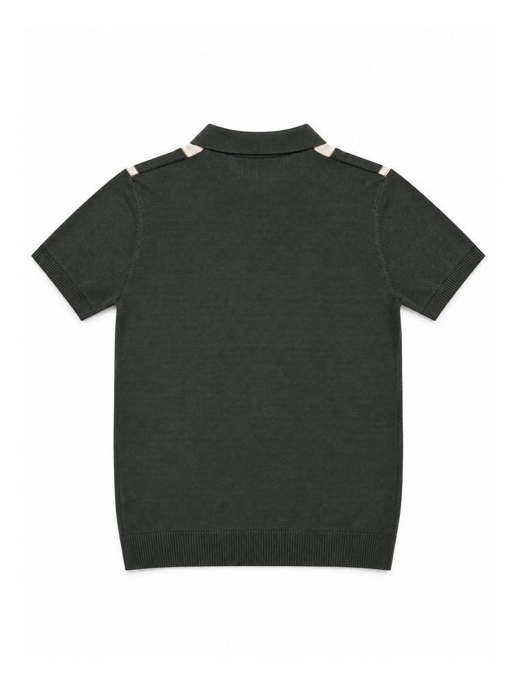 Dark Green Striped Geometric Knit Polo Shirt
