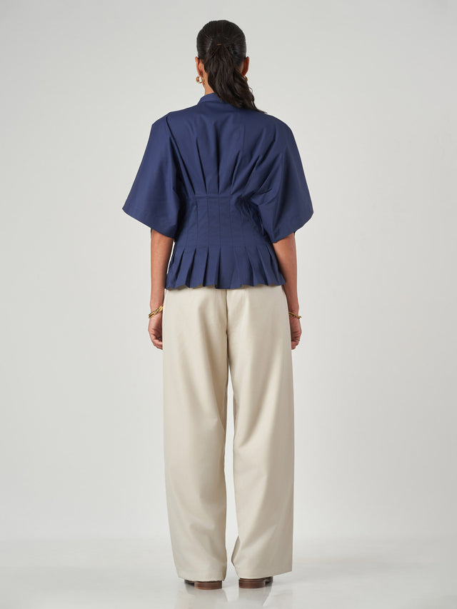 Dark Blue Pleated Tunic Collar Shirt