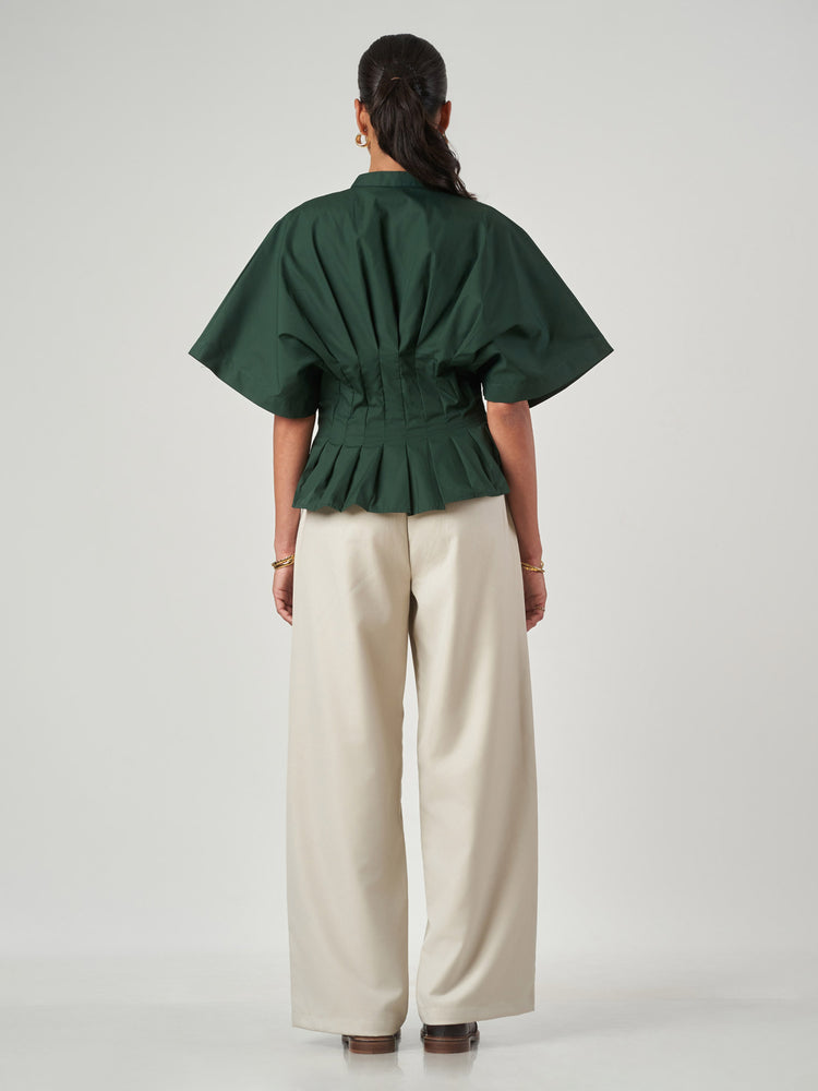 Forest Green Pleated Tunic Collar Shirt