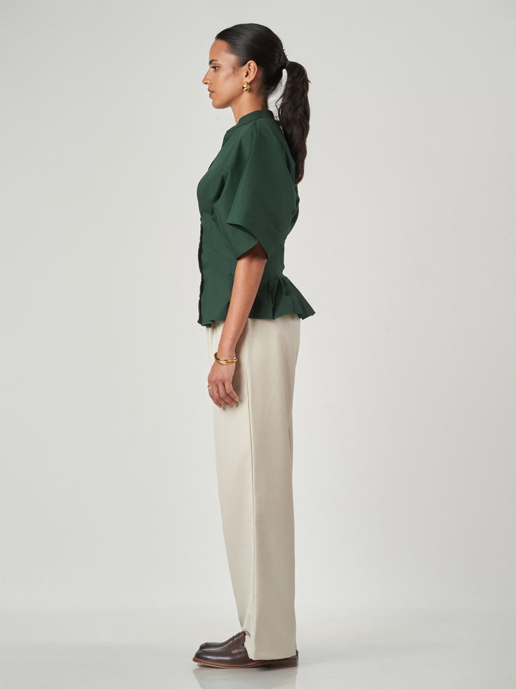 Forest Green Pleated Tunic Collar Shirt