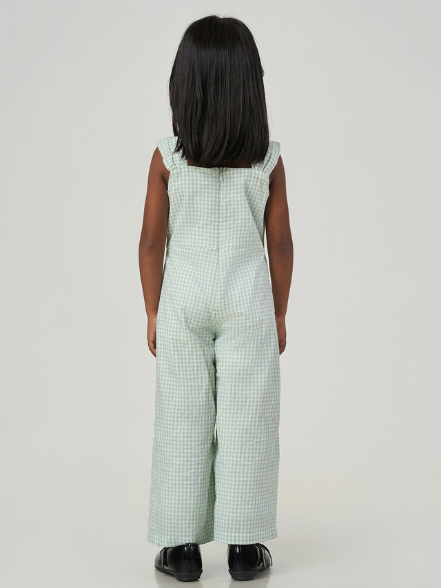 Green Checked Cotton Sleeveless Wide Leg Jumpsuit