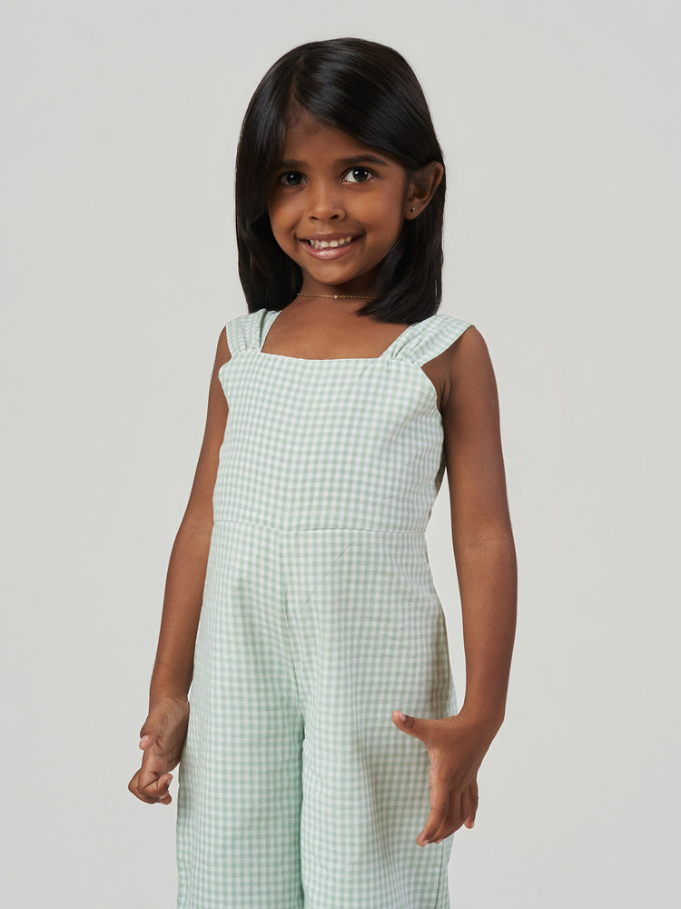 Green Checked Cotton Sleeveless Wide Leg Jumpsuit