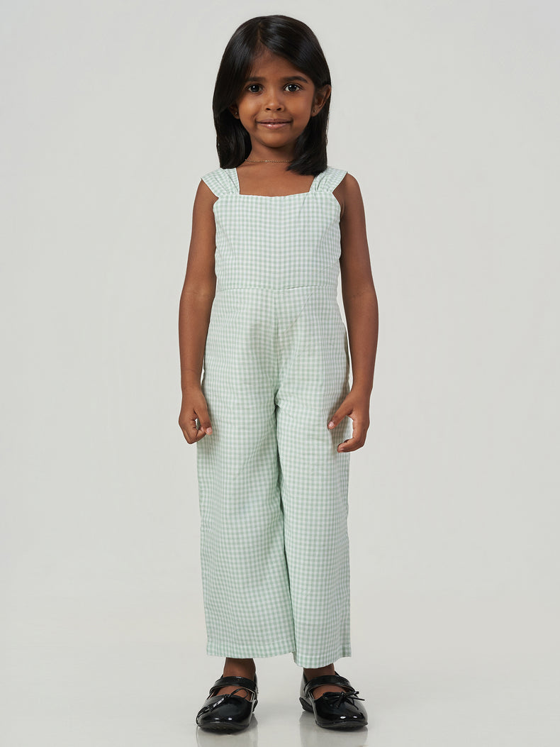 Green Checked Cotton Sleeveless Wide Leg Jumpsuit