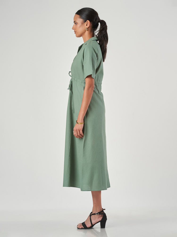 Green Cotton Linen Drawstring Waist Midi Dress