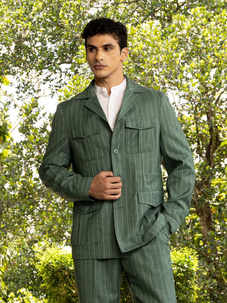 Green Pinstripe Tailored Fit Safari Jacket