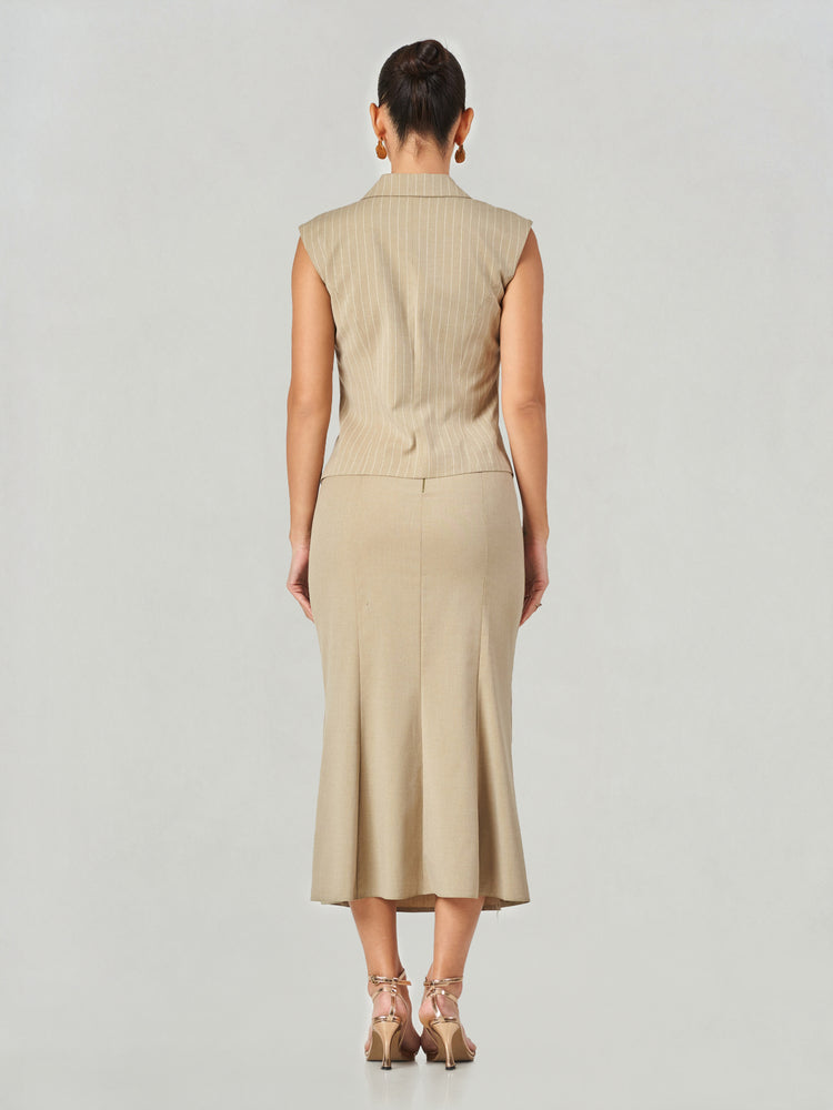 Pinstriped Wrap Vest Midi Skirt Set
