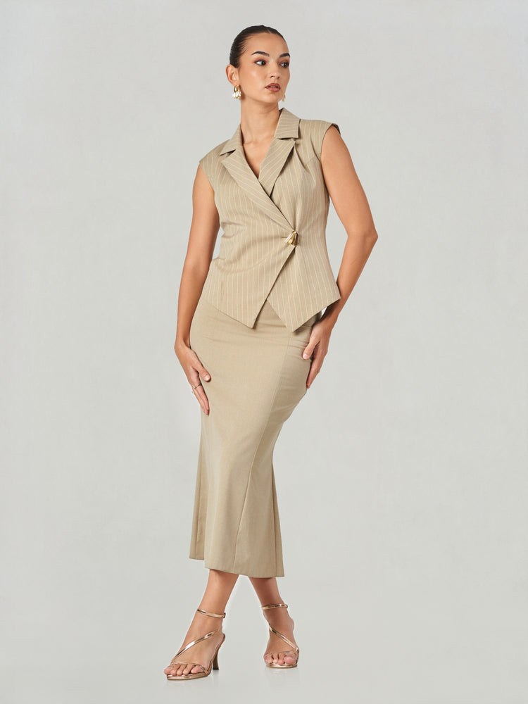 Pinstriped Wrap Vest Midi Skirt Set