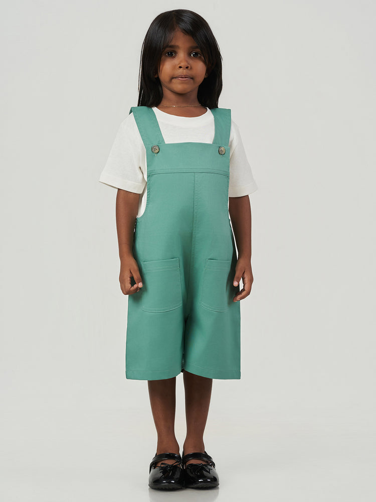 Green Solid Regular Fit Button Strap Dungaree