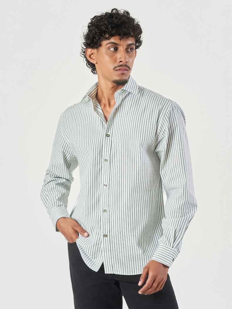 Green Striped Cotton Lounge Fit Shirt