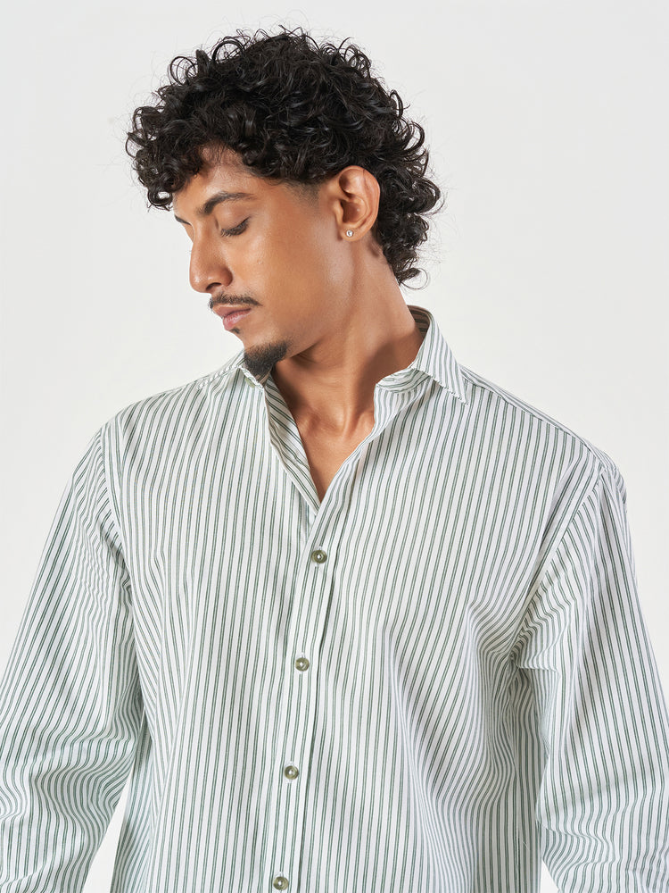 Green Striped Cotton Lounge Fit Shirt