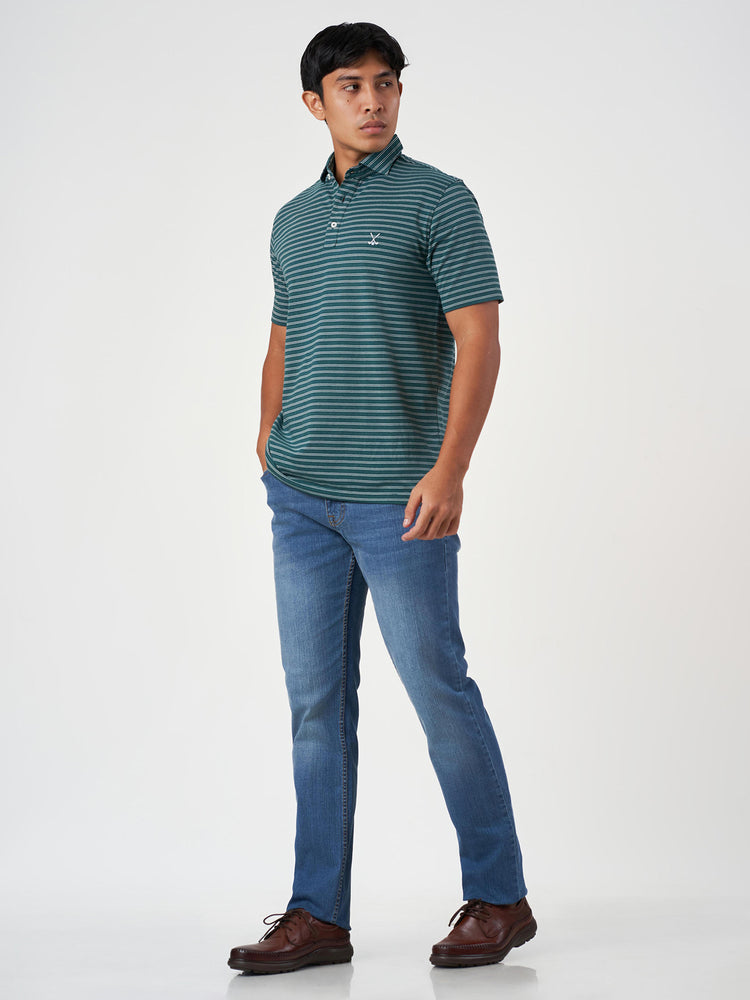 Green Striped Cotton Polo T-Shirt