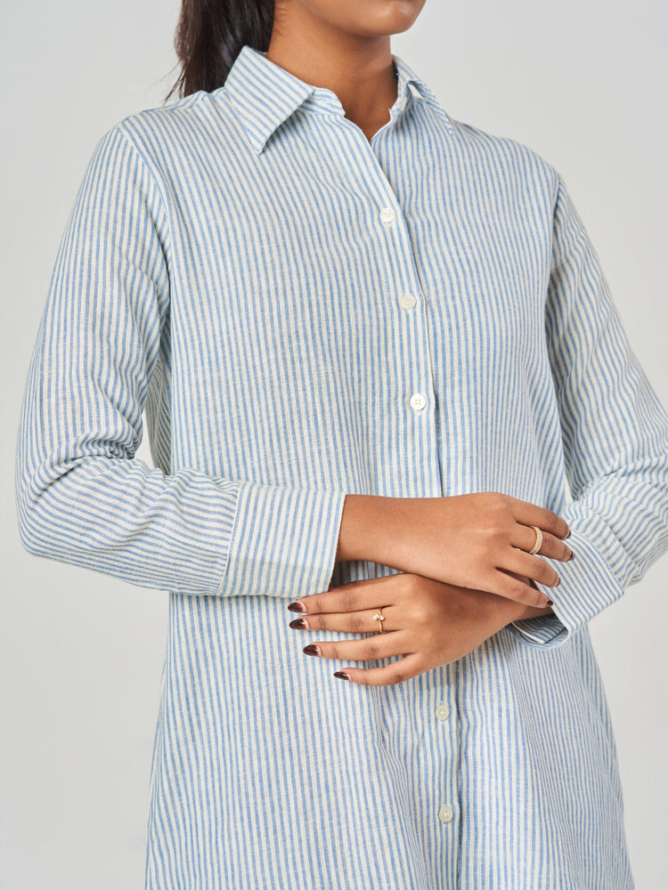 Striped Viscose Linen Relaxed Midi Shirt Dress