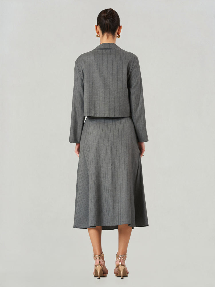 Grey Pinstripe Cropped Jacket & Midi Skirt Set