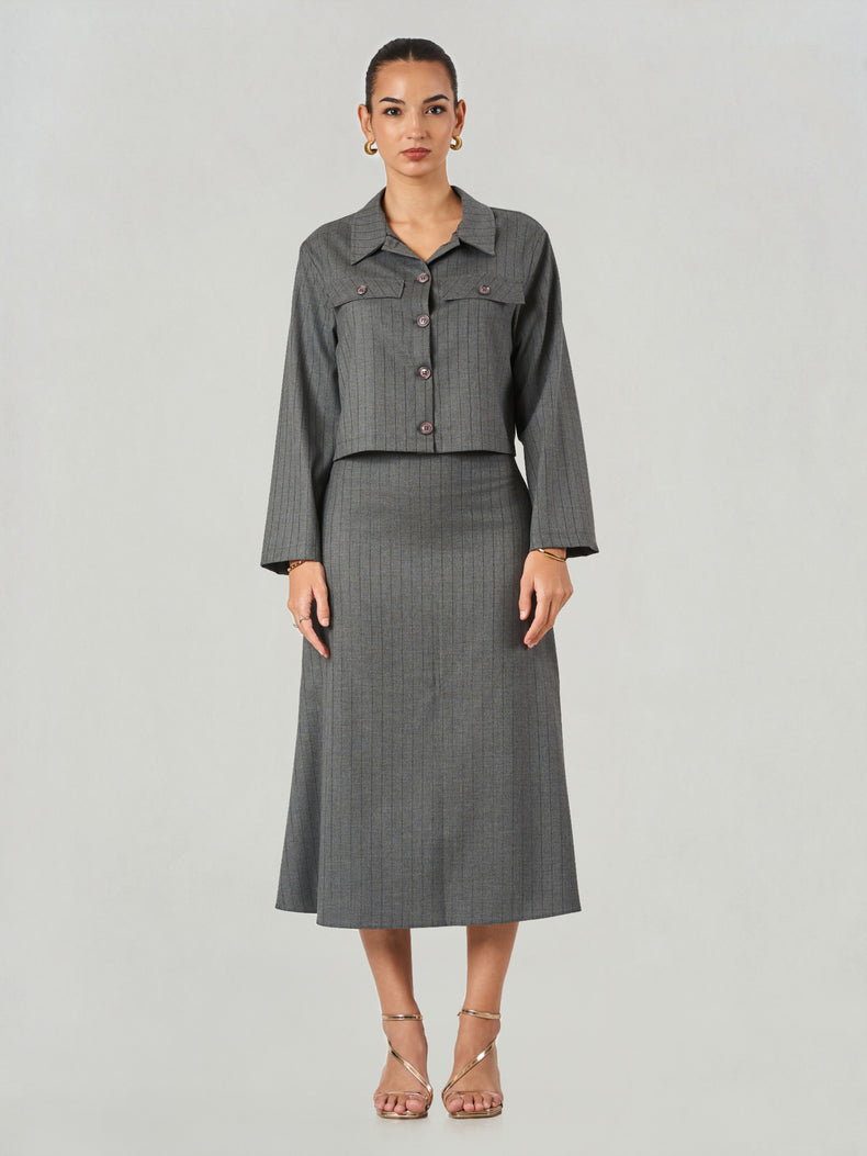 Grey Pinstripe Cropped Jacket & Midi Skirt Set