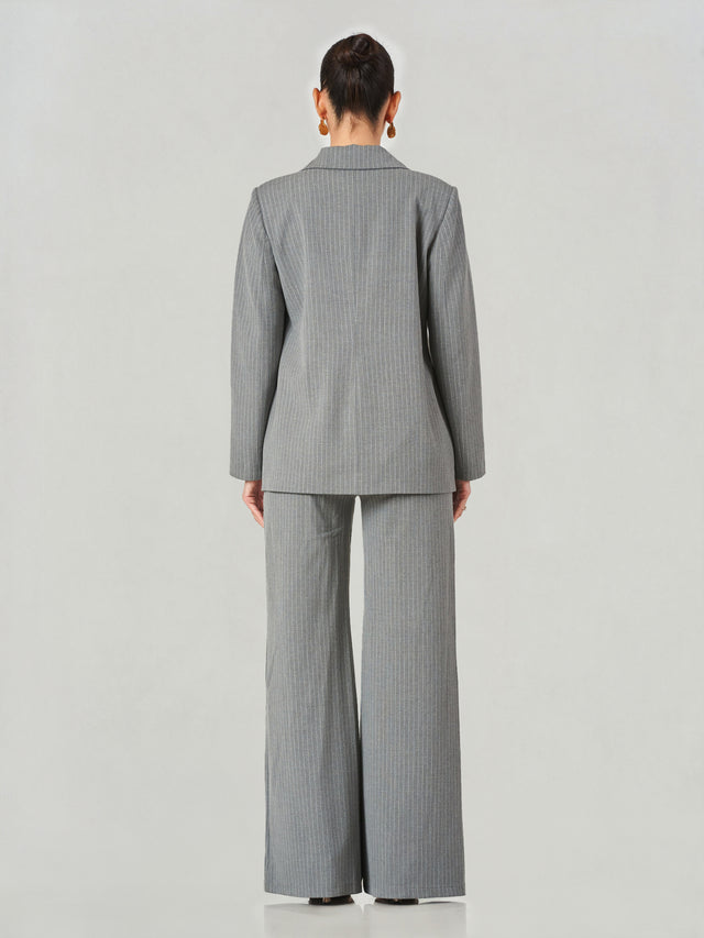 Grey Pinstripe Double-Breasted Wide-Leg Suit