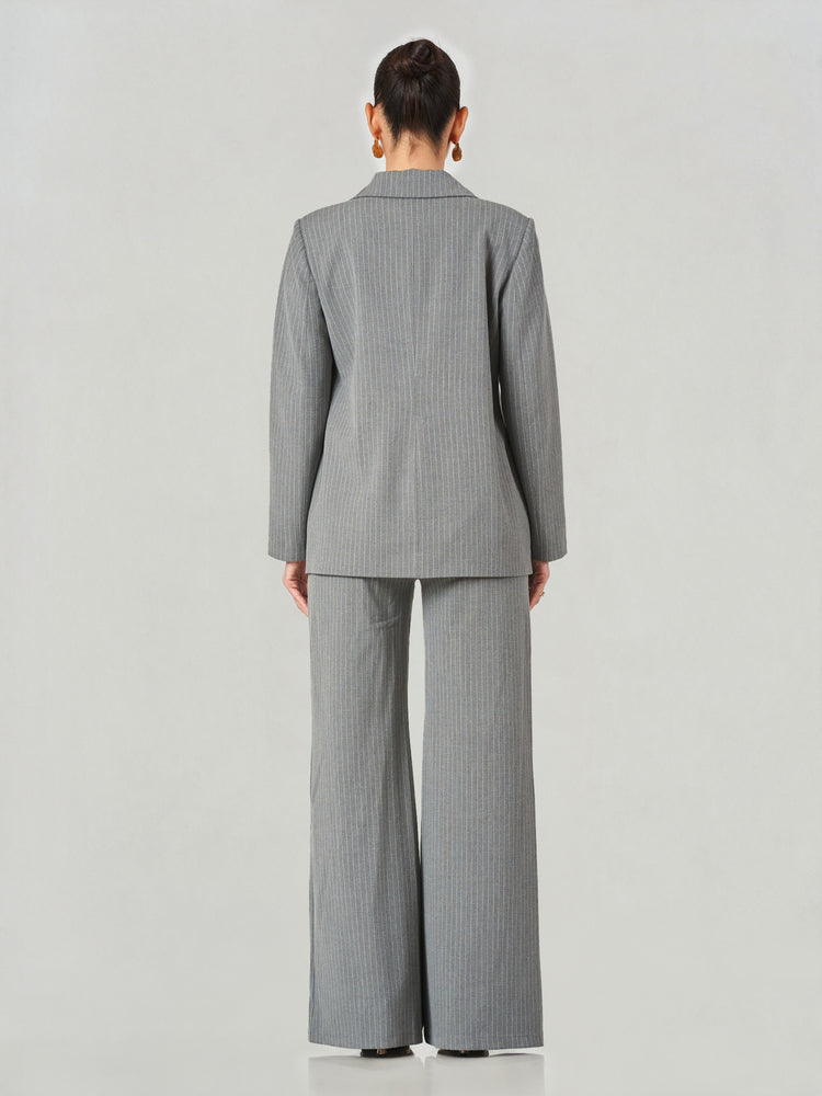 Grey Pinstripe Double-Breasted Wide-Leg Suit