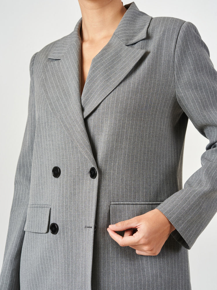 Grey Pinstripe Double-Breasted Wide-Leg Suit