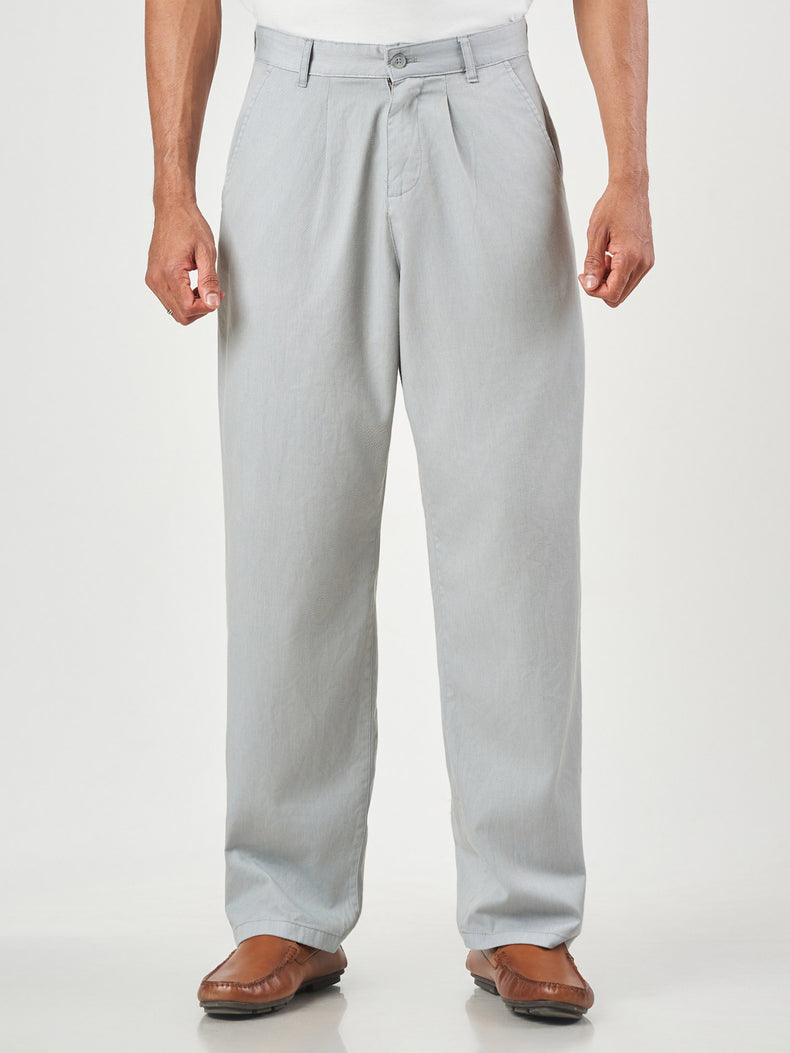 Grey Plain Relaxed Fit Cotton Trousers