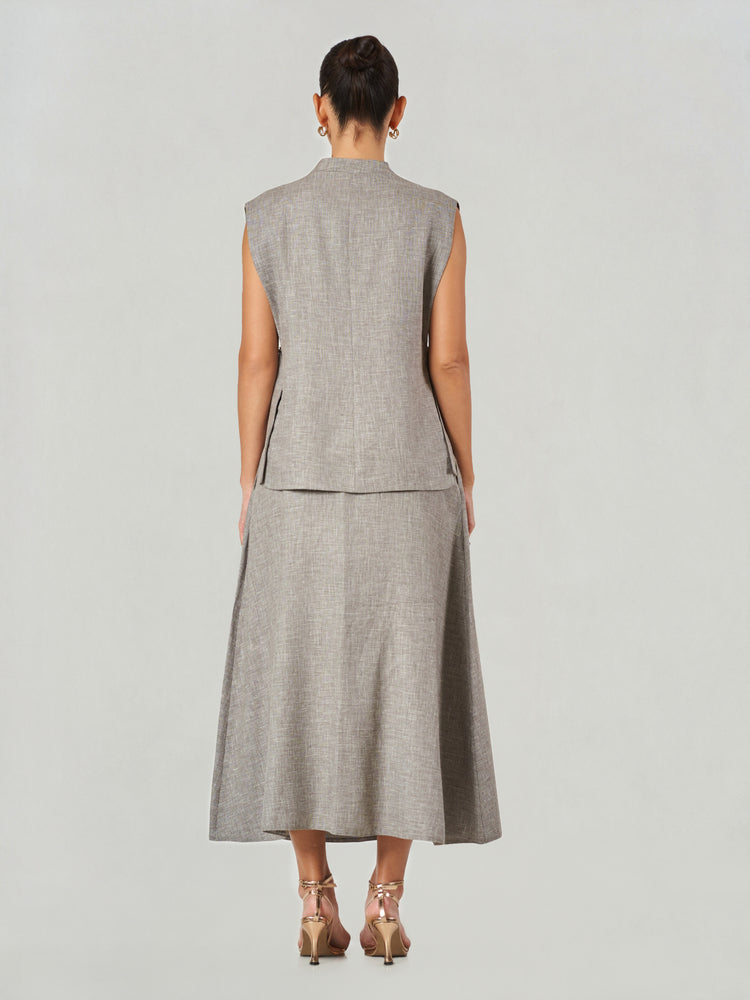 Linen Blend Sleeveless Vest Skirt Set