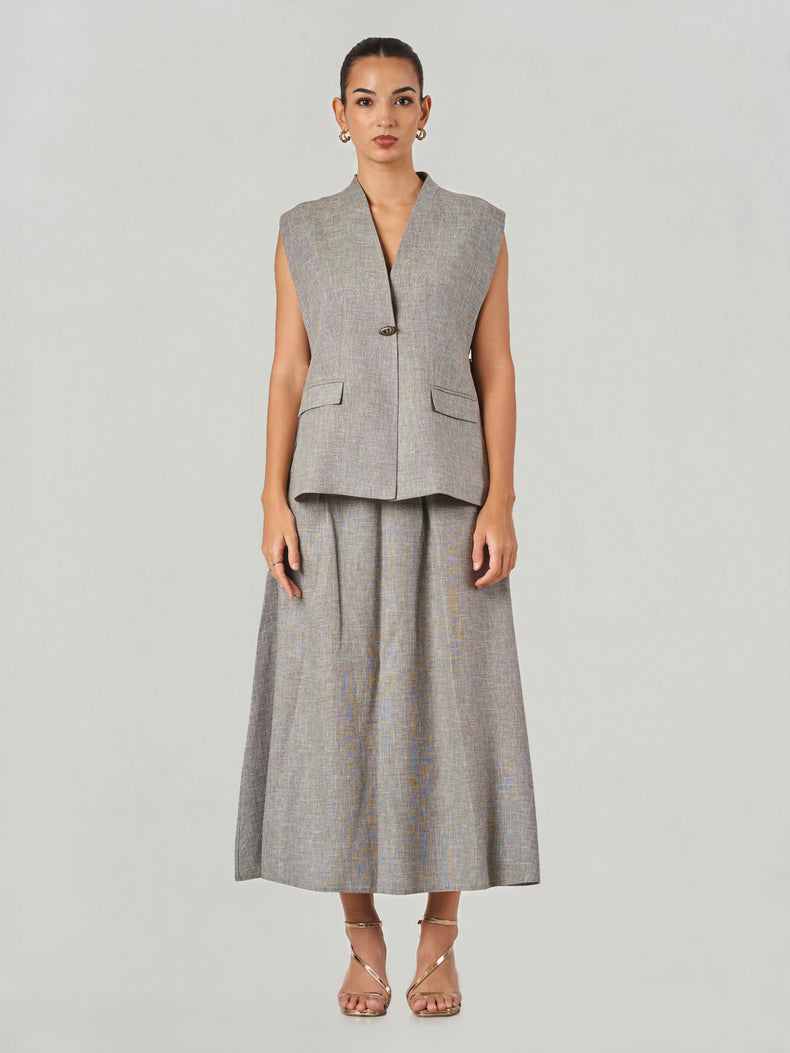 Linen Blend Sleeveless Vest Skirt Set